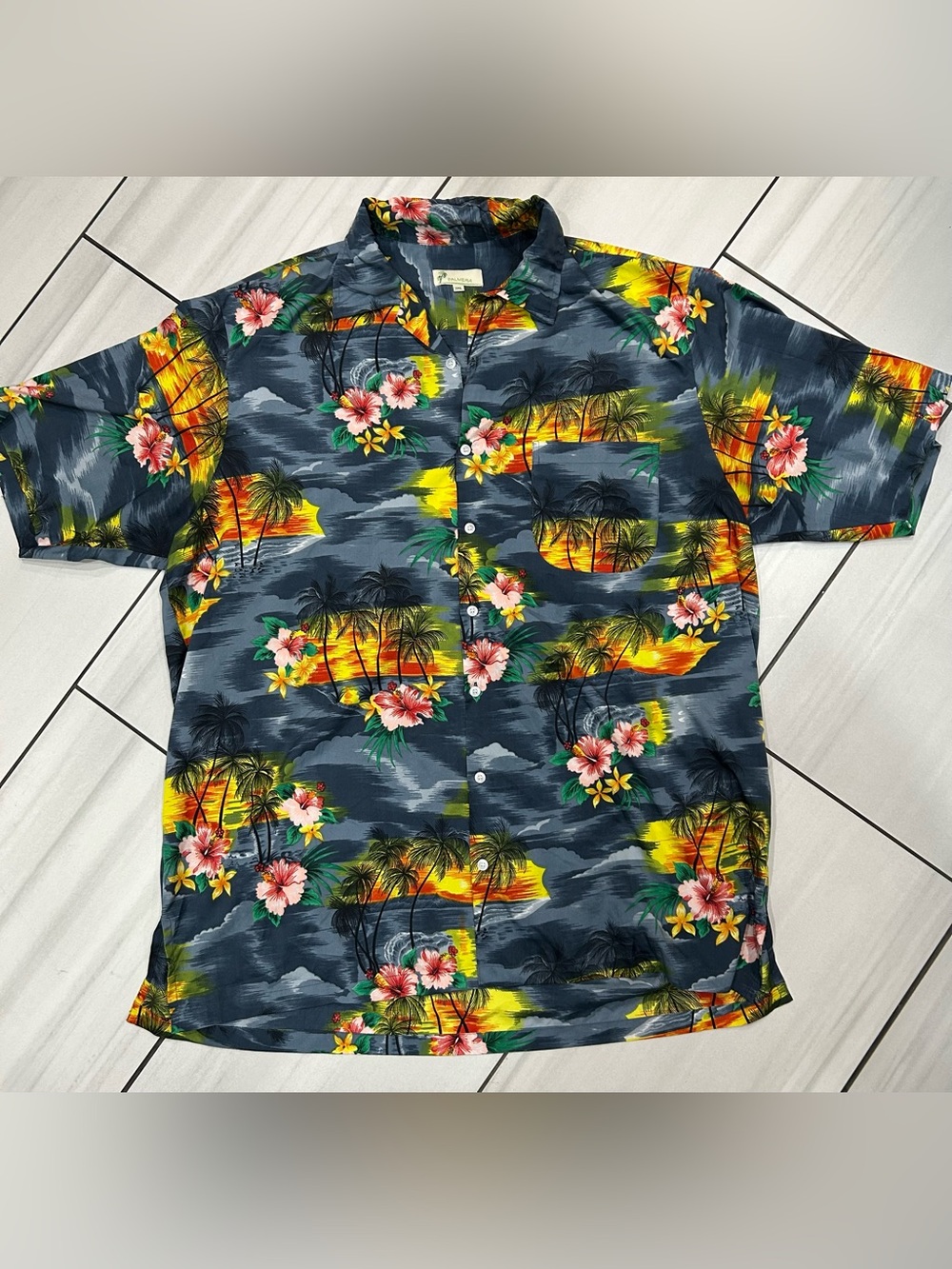 Vtg Palmera Mens Hawaiian Shirt  3XL Tropical Scenic Gray Yellow Beautiful